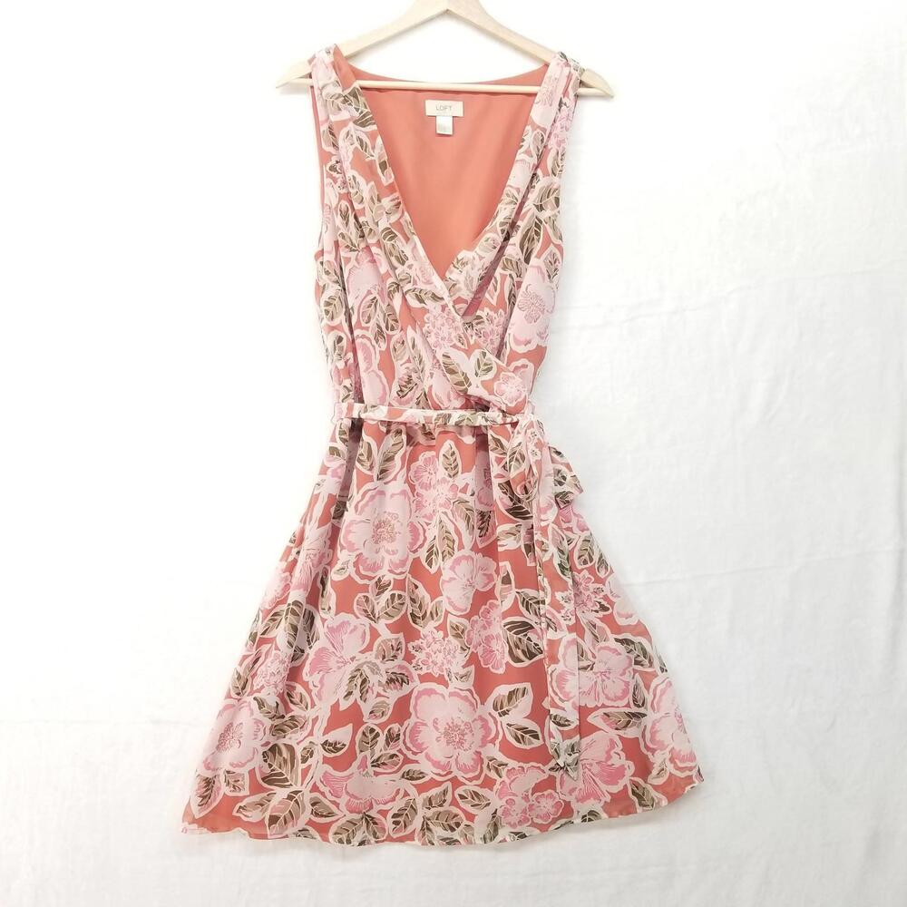 Loft Outlet Floral Faux Wrap Dress Womens Large Peach Rose Summer Wedding‎